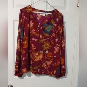 Chic Floral V-Neck Blouse - Burgundy and Orange